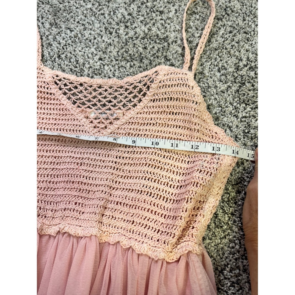 MiLady Italy Pink Crochet Tulle Maxi Dress Spaghetti Strap Fairycore Boho 48in - Picture 8 of 13
